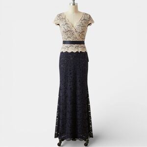 Adrianna Papell Cream and Navy Lace Formal Gown Cap Sleeves Ribbon Black Tie